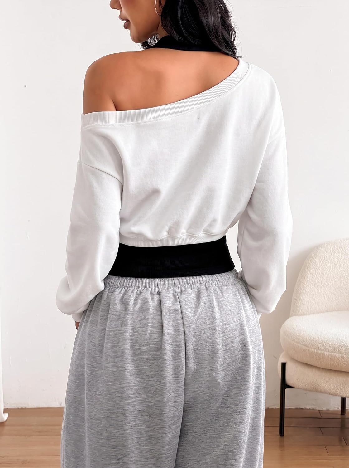 image:imageZAFUL Womens Off The Shoulder Sweatshirt Long Sleeve Crop Top PulloverWhite