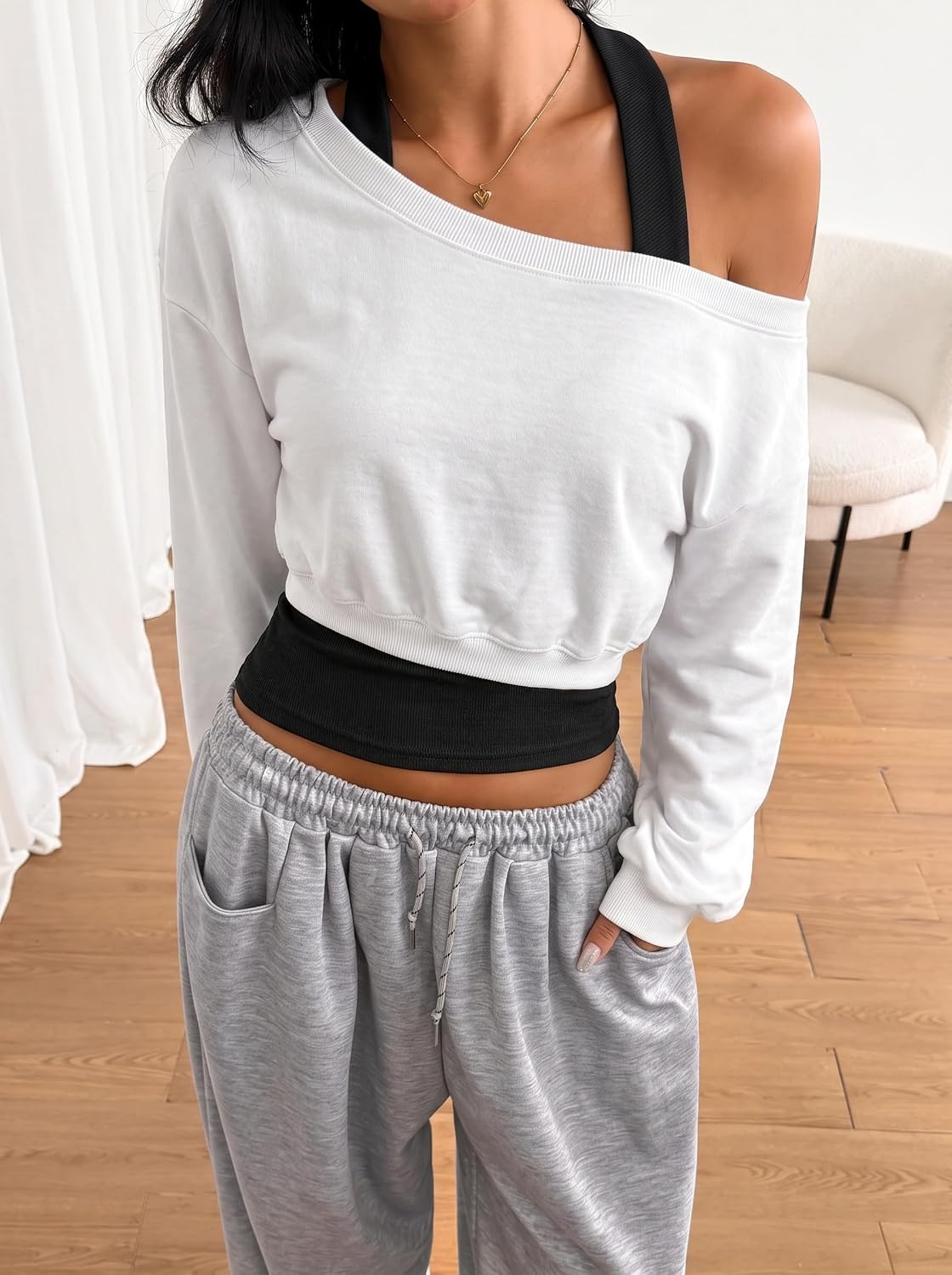 image:imageZAFUL Womens Off The Shoulder Sweatshirt Long Sleeve Crop Top PulloverWhite