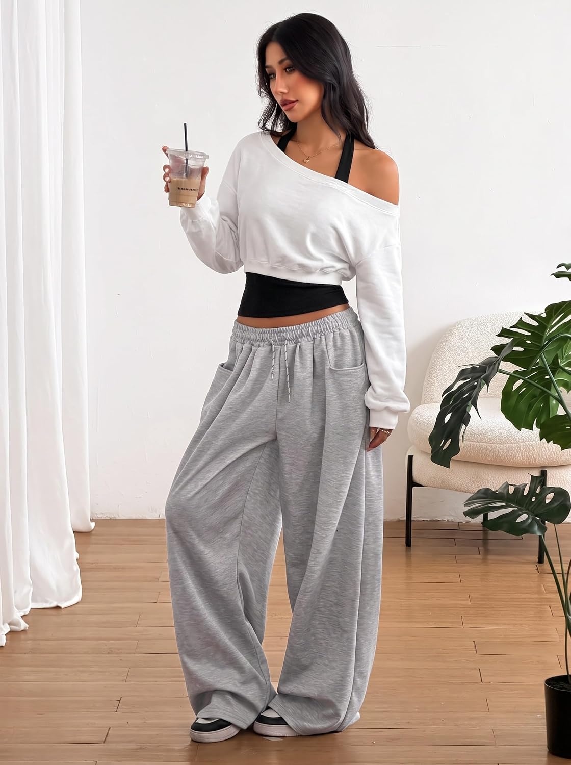 image:imageZAFUL Womens Off The Shoulder Sweatshirt Long Sleeve Crop Top PulloverWhite