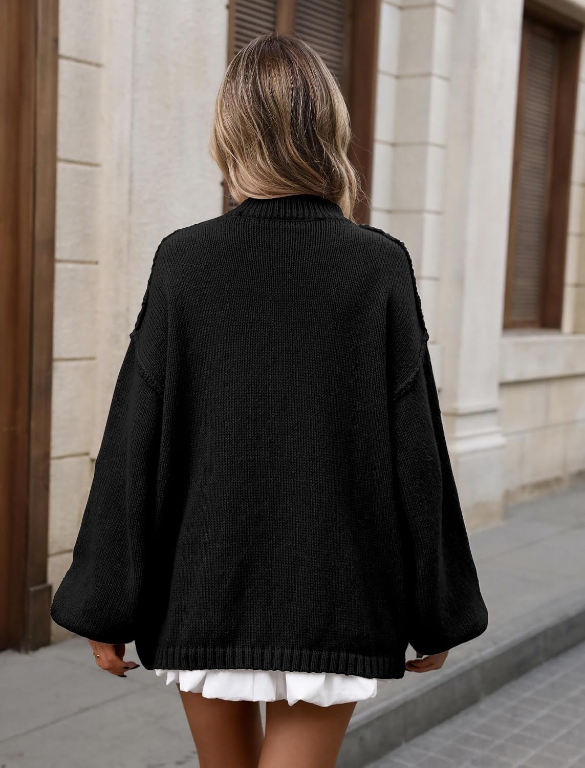 image:imageZAFUL Womens Oversized Cardigan Sweater Lantern Sleeve Button Up Clothes1blcak