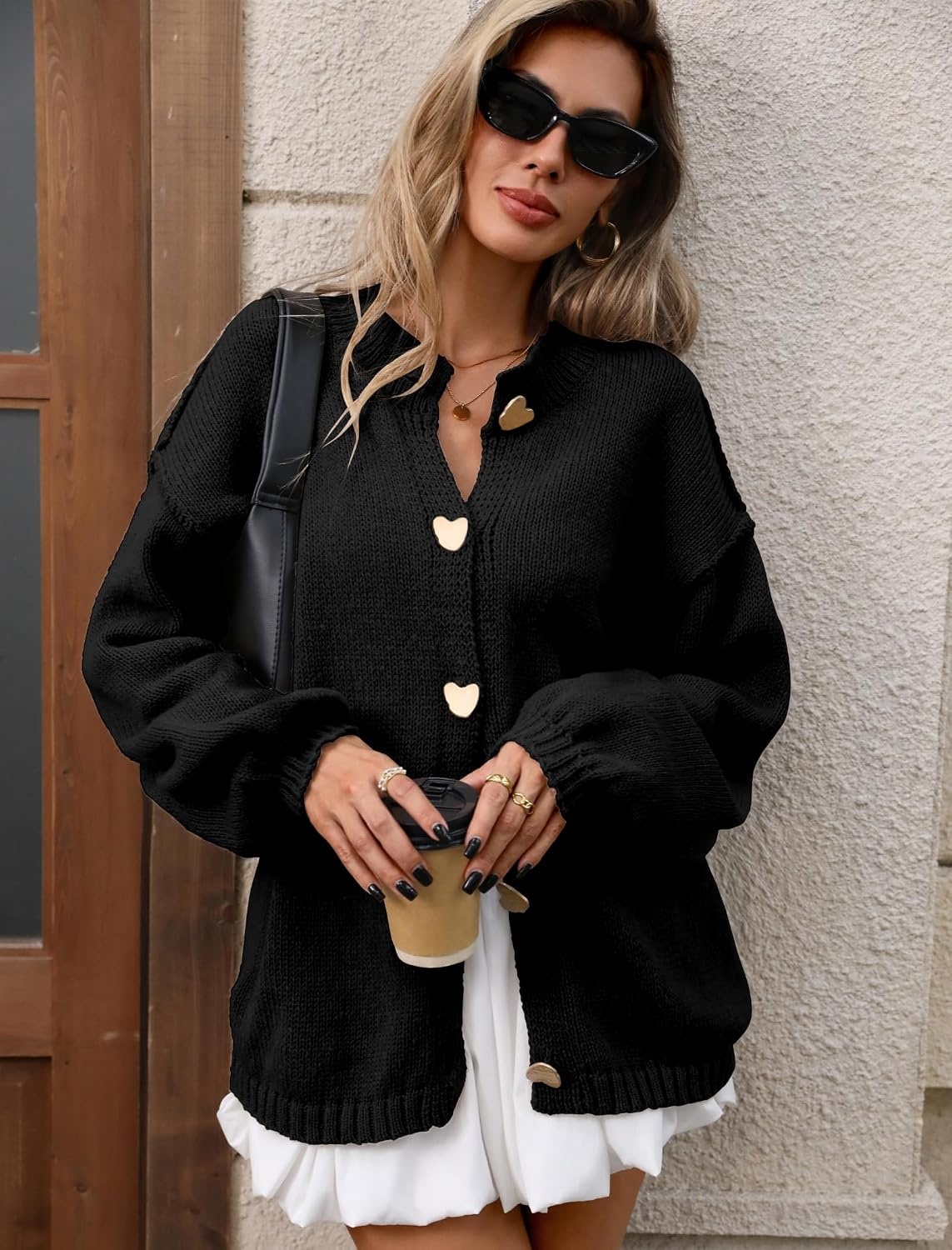 image:imageZAFUL Womens Oversized Cardigan Sweater Lantern Sleeve Button Up Clothes1blcak