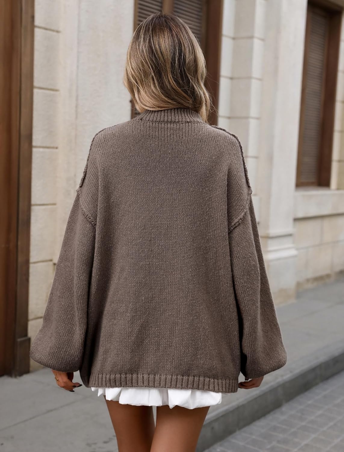 image:imageZAFUL Womens Oversized Cardigan Sweater Lantern Sleeve Button Up Clothes1brown