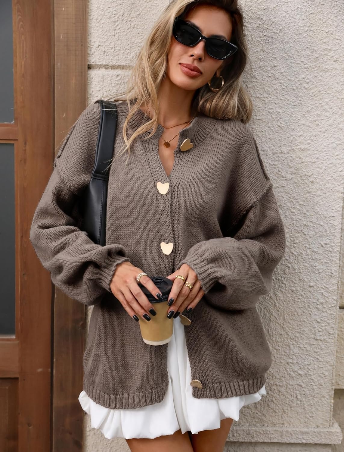 image:imageZAFUL Womens Oversized Cardigan Sweater Lantern Sleeve Button Up Clothes1brown