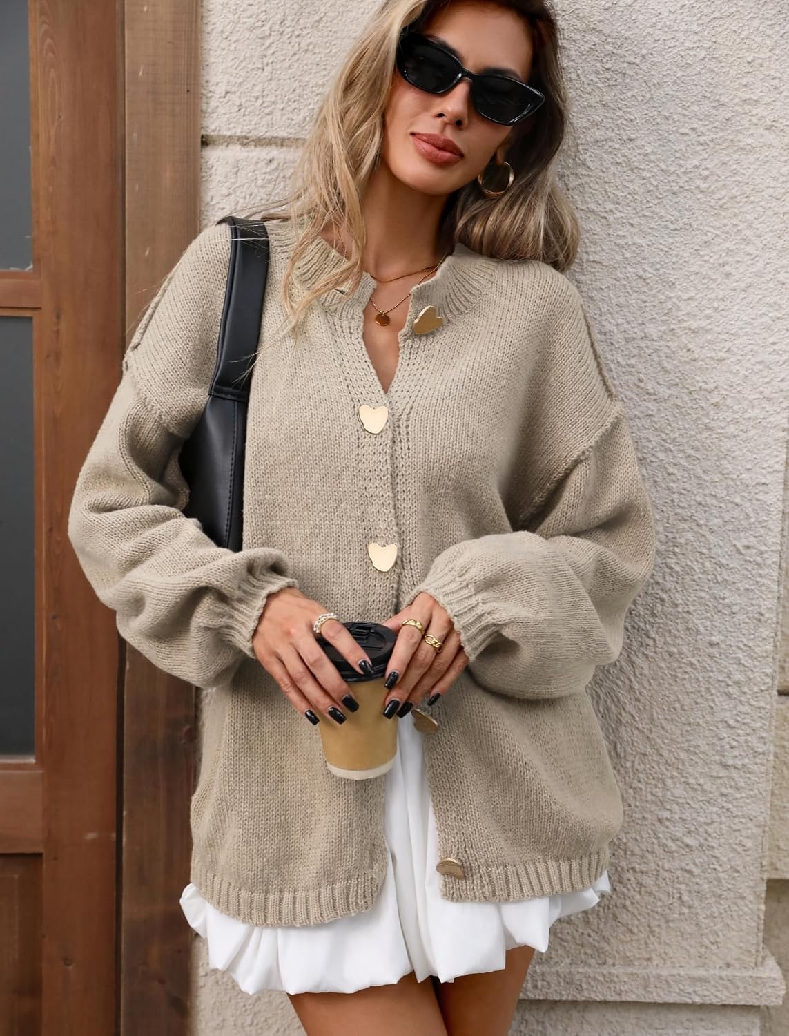 image:imageZAFUL Womens Oversized Cardigan Sweater Lantern Sleeve Button Up Clothes1khaki