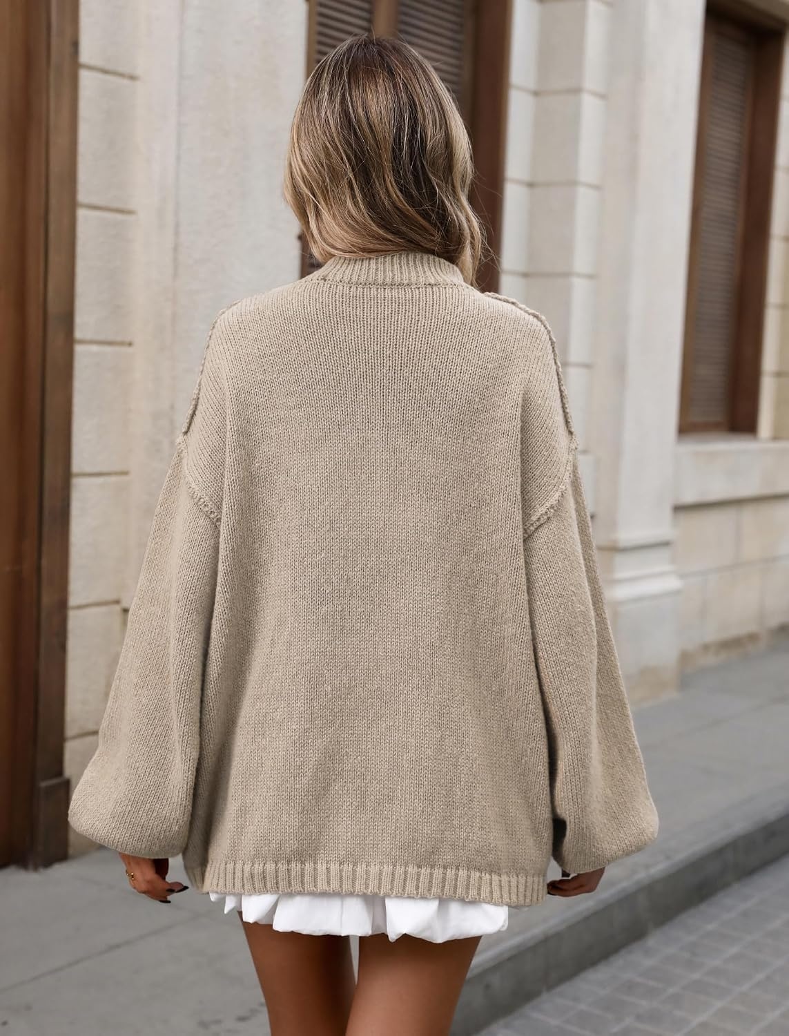 image:imageZAFUL Womens Oversized Cardigan Sweater Lantern Sleeve Button Up Clothes1khaki