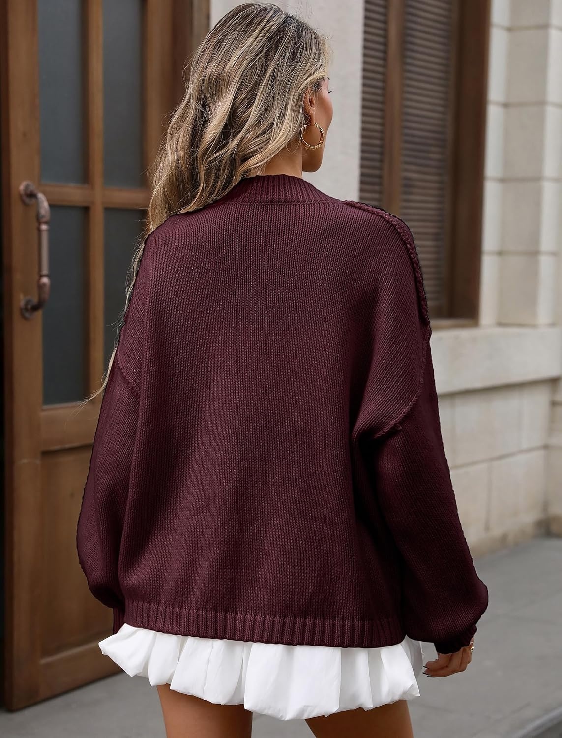 image:imageZAFUL Womens Oversized Cardigan Sweater Lantern Sleeve Button Up Clothes2burgundy