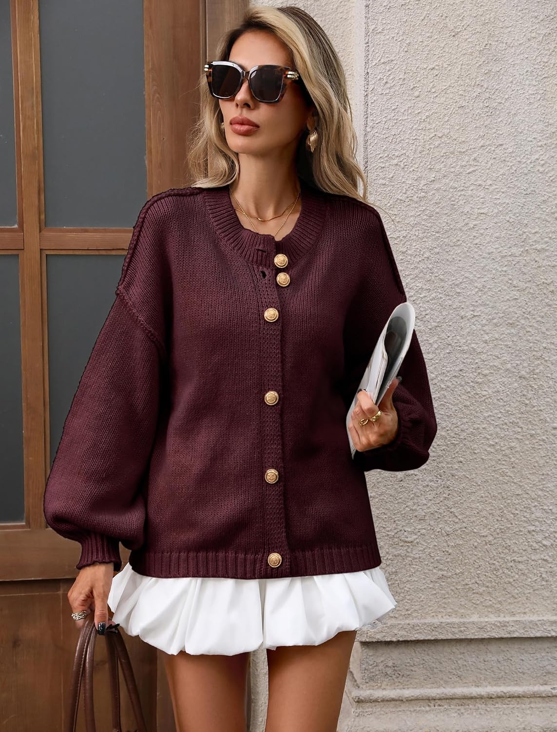 image:imageZAFUL Womens Oversized Cardigan Sweater Lantern Sleeve Button Up Clothes2burgundy