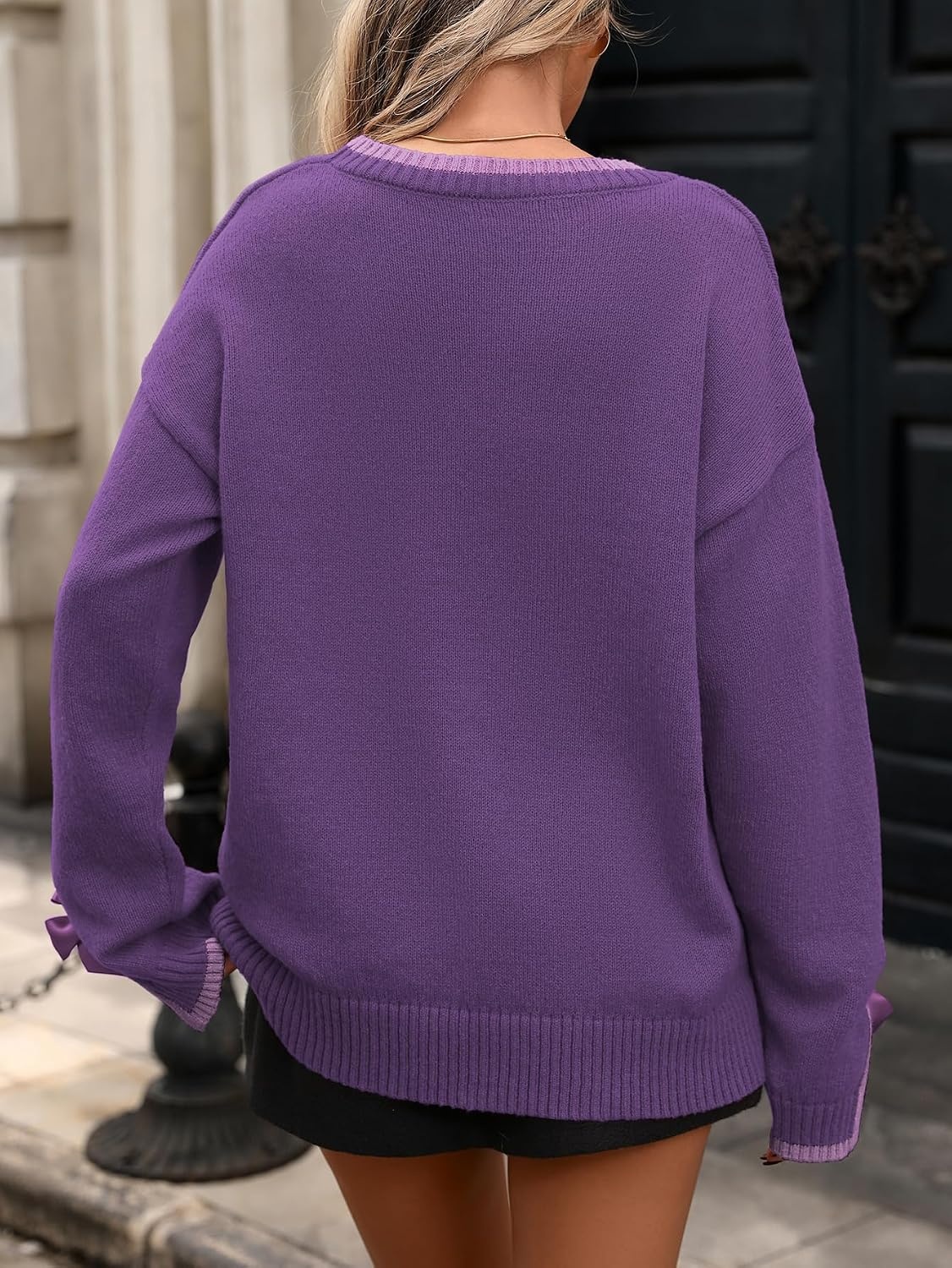 image:imageZAFUL Womens Oversized Knit Sweater Contrast Trim Bow Slit Cuff Pullover10purple