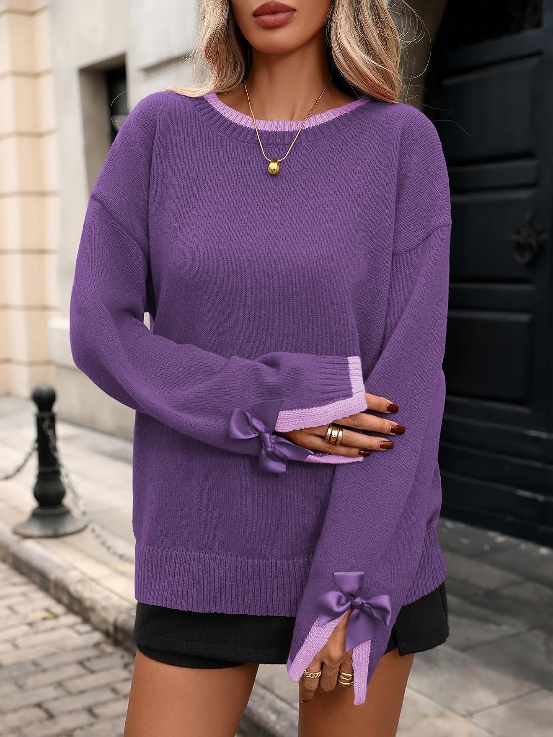 image:imageZAFUL Womens Oversized Knit Sweater Contrast Trim Bow Slit Cuff Pullover10purple