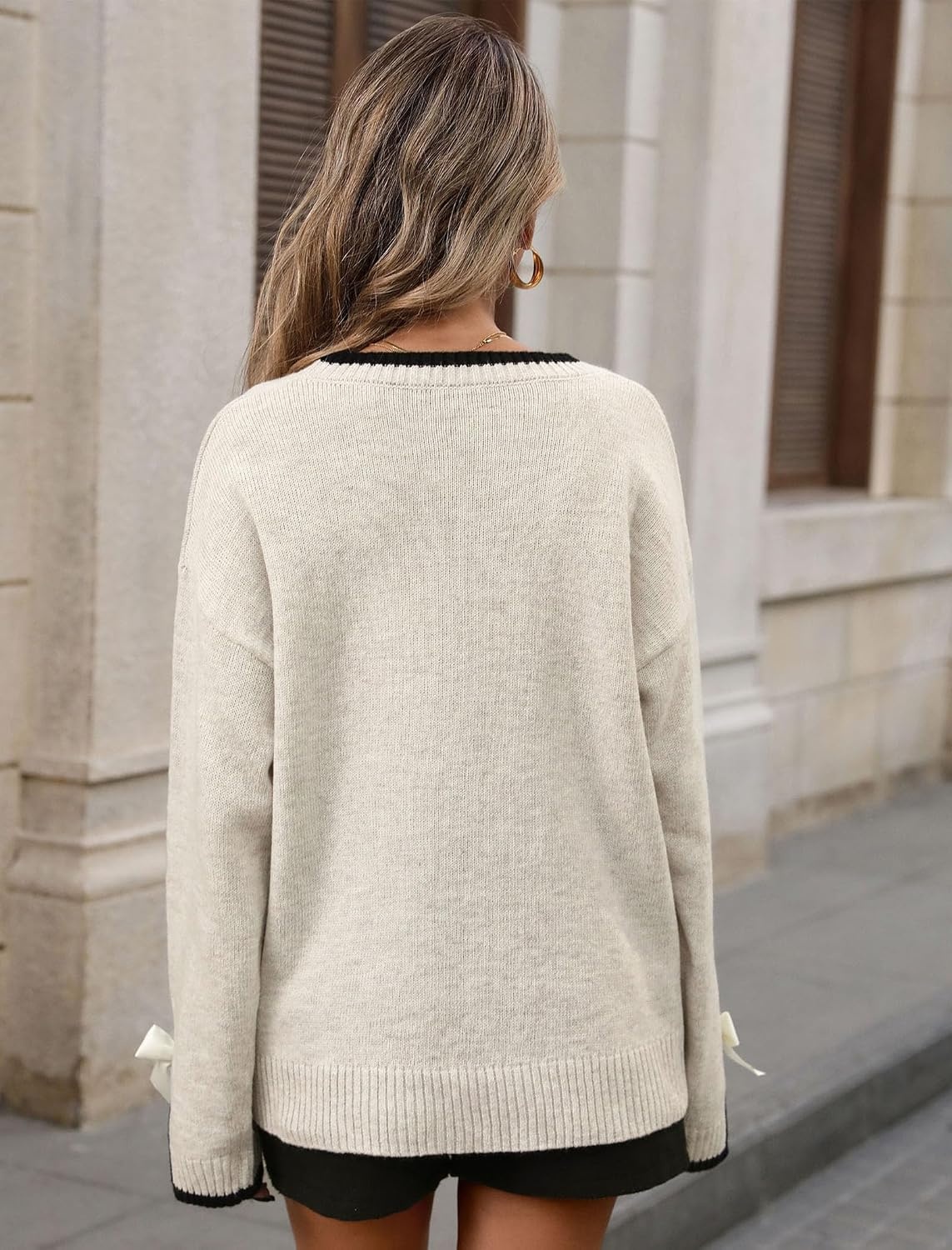 image:imageZAFUL Womens Oversized Knit Sweater Contrast Trim Bow Slit Cuff Pullover1white