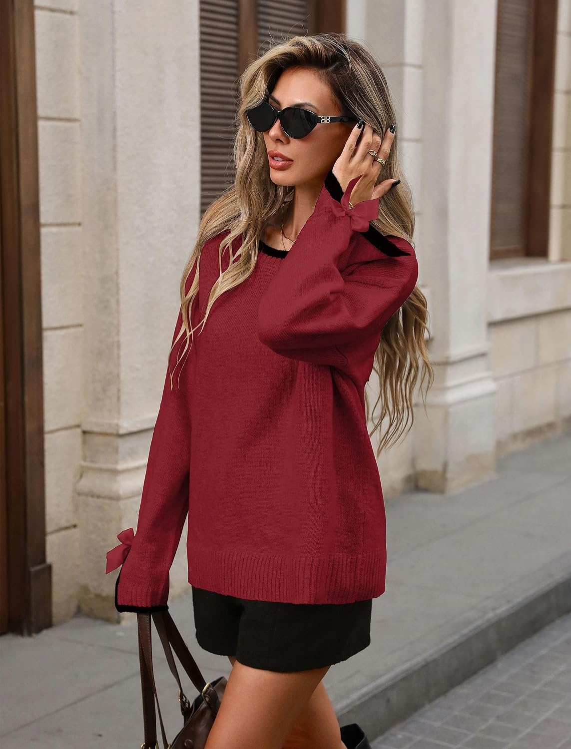 image:imageZAFUL Womens Oversized Knit Sweater Contrast Trim Bow Slit Cuff Pullover3wine Red
