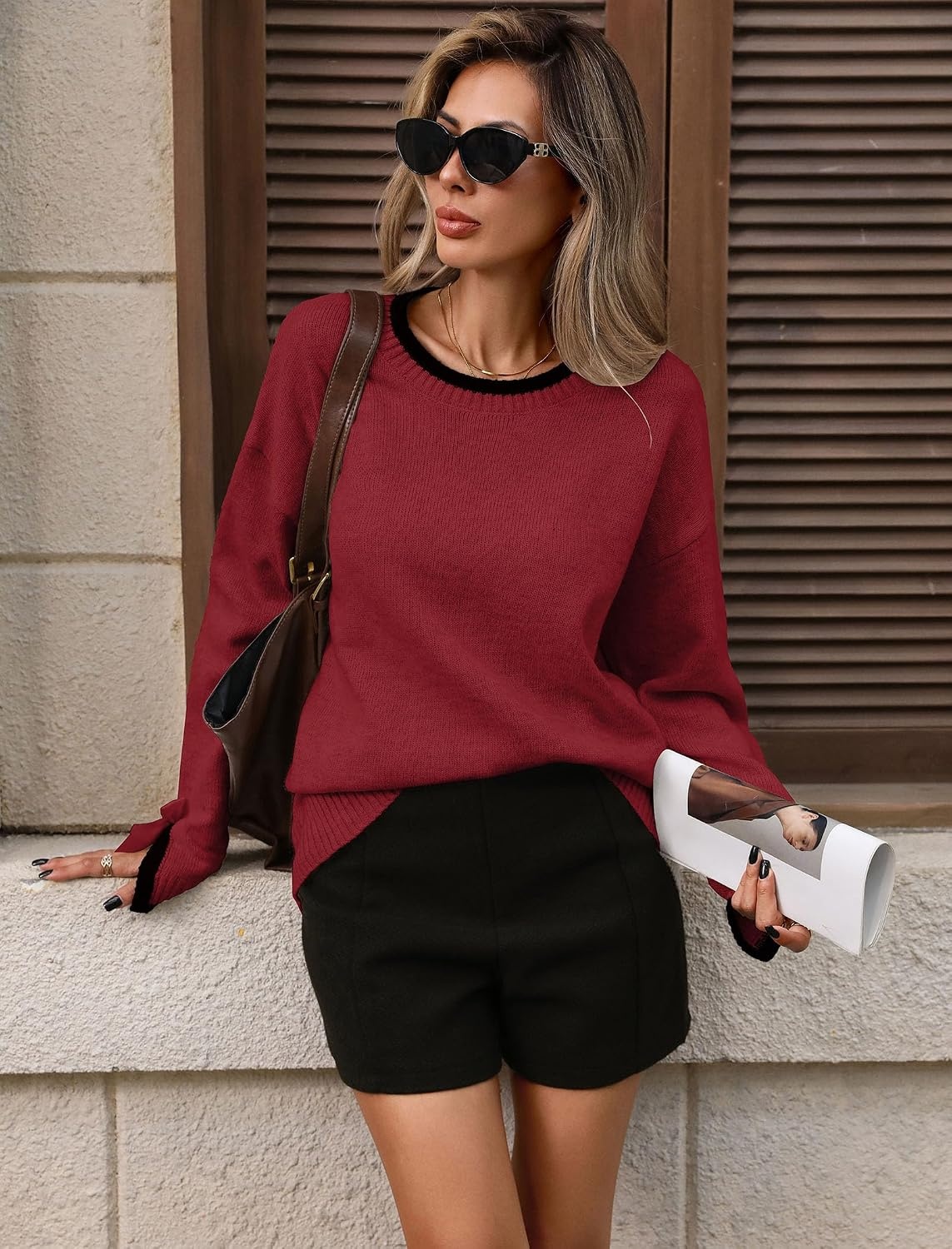 image:imageZAFUL Womens Oversized Knit Sweater Contrast Trim Bow Slit Cuff Pullover3wine Red