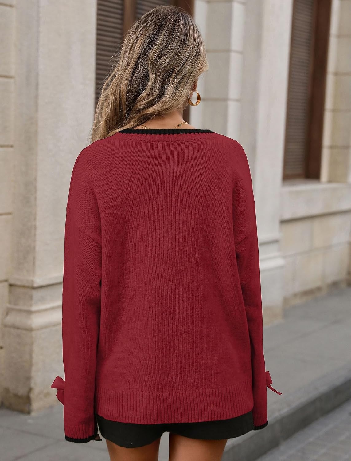 image:imageZAFUL Womens Oversized Knit Sweater Contrast Trim Bow Slit Cuff Pullover3wine Red