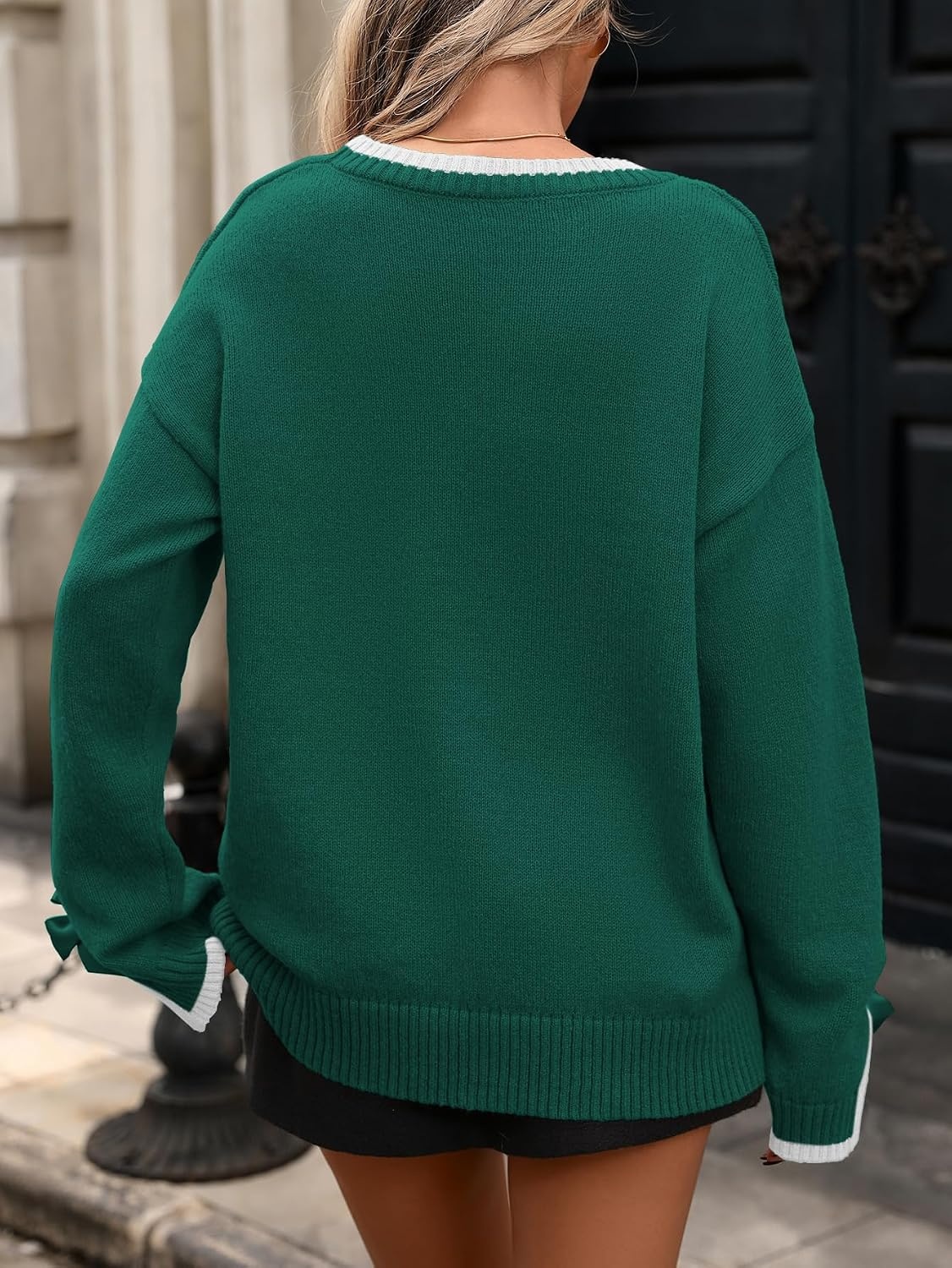 image:imageZAFUL Womens Oversized Knit Sweater Contrast Trim Bow Slit Cuff Pullover4green