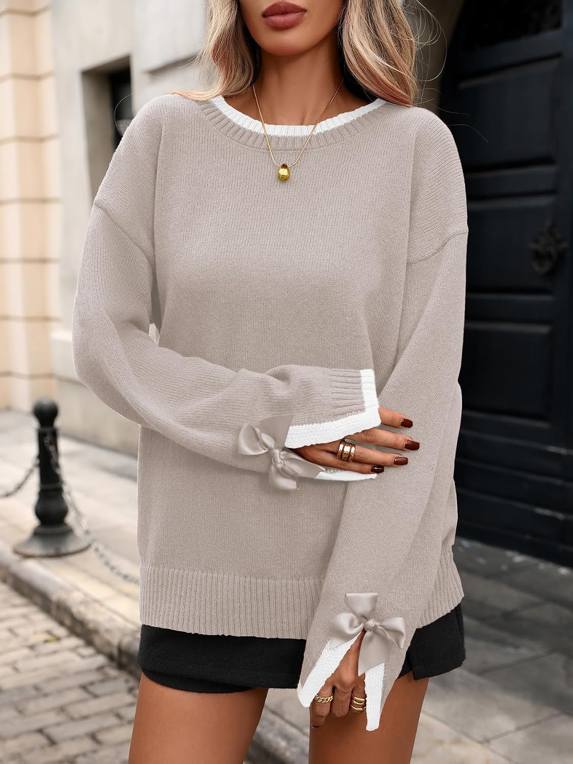 image:imageZAFUL Womens Oversized Knit Sweater Contrast Trim Bow Slit Cuff Pullover5milk Tea Color