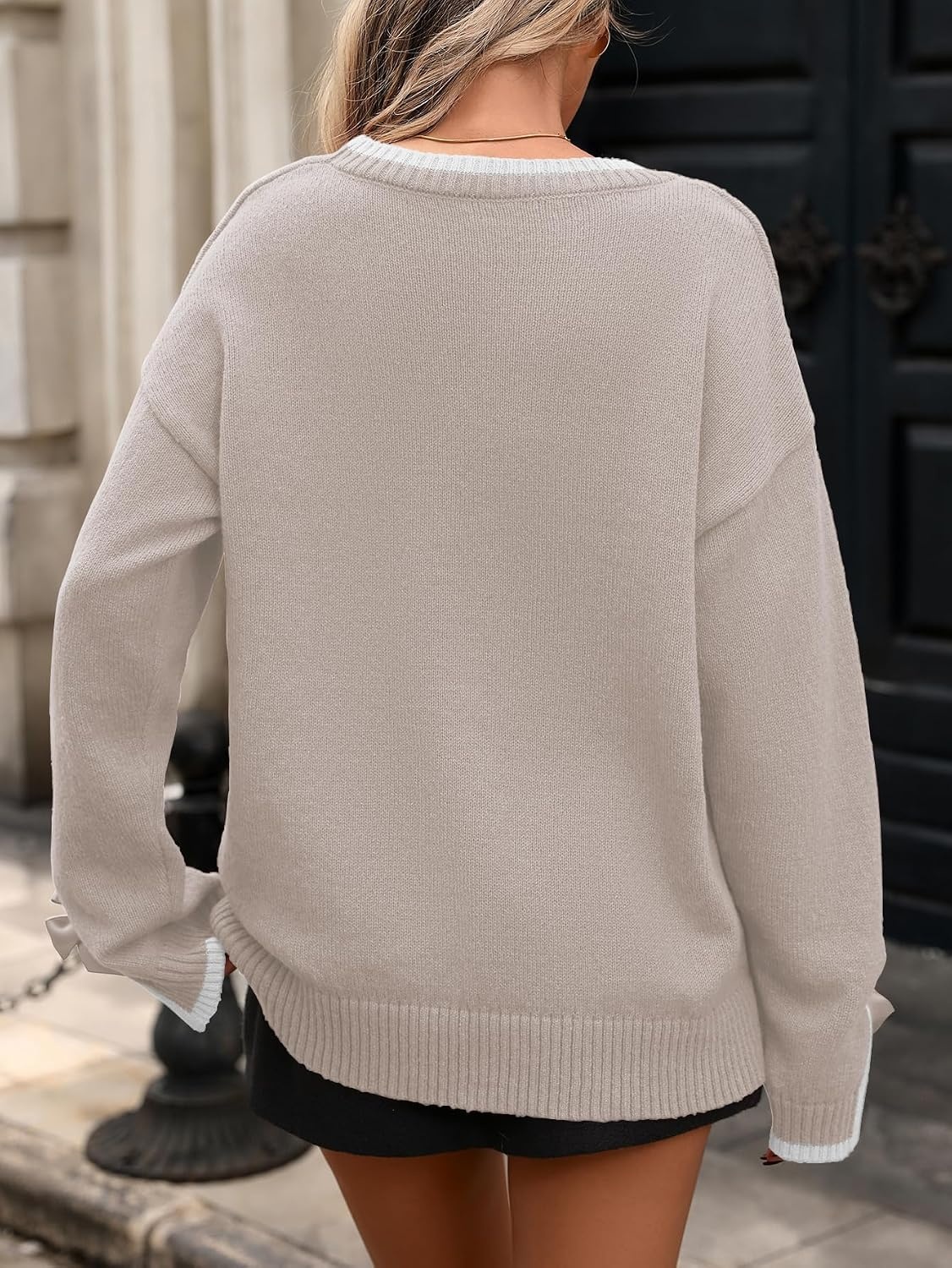 image:imageZAFUL Womens Oversized Knit Sweater Contrast Trim Bow Slit Cuff Pullover5milk Tea Color