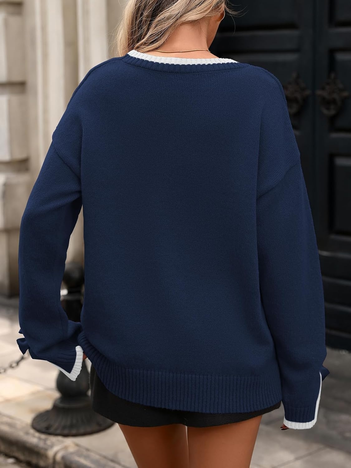 image:imageZAFUL Womens Oversized Knit Sweater Contrast Trim Bow Slit Cuff Pullover6navy Blue