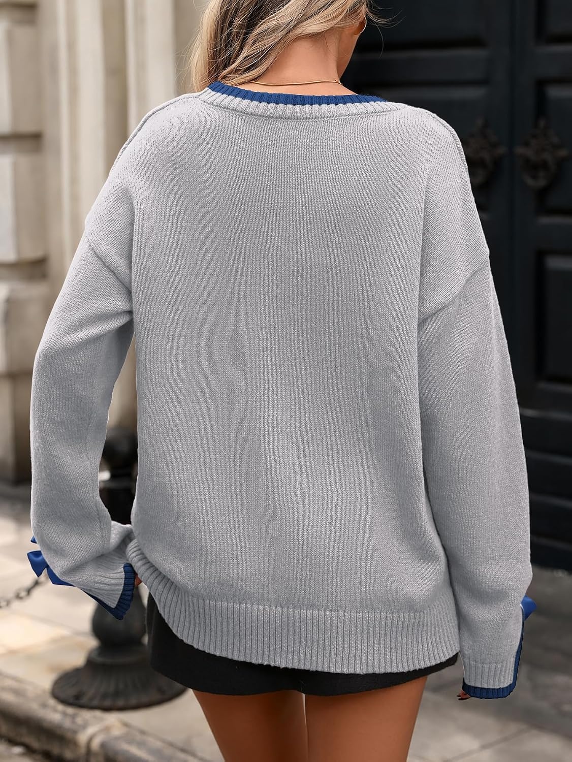 image:imageZAFUL Womens Oversized Knit Sweater Contrast Trim Bow Slit Cuff Pullover7grey