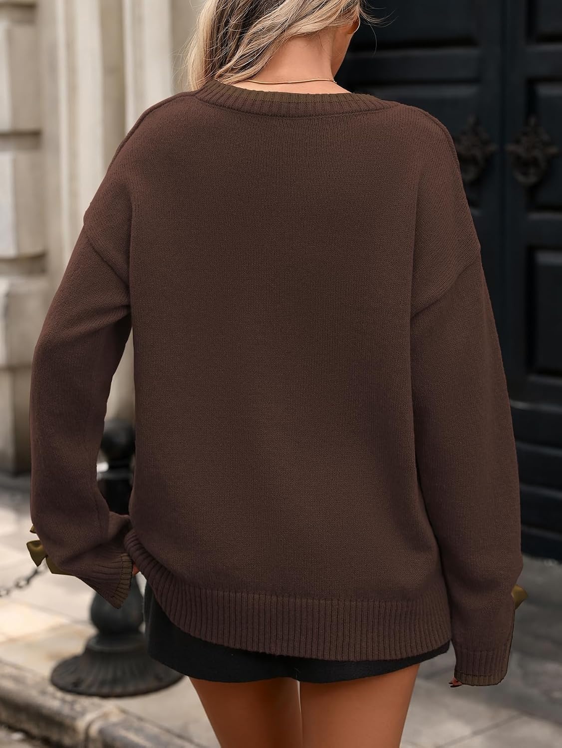 image:imageZAFUL Womens Oversized Knit Sweater Contrast Trim Bow Slit Cuff Pullover8brown