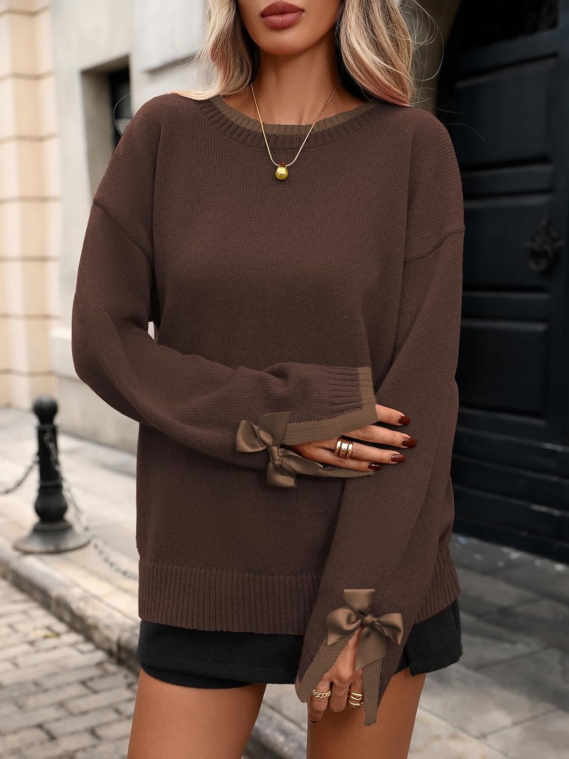 image:imageZAFUL Womens Oversized Knit Sweater Contrast Trim Bow Slit Cuff Pullover8brown