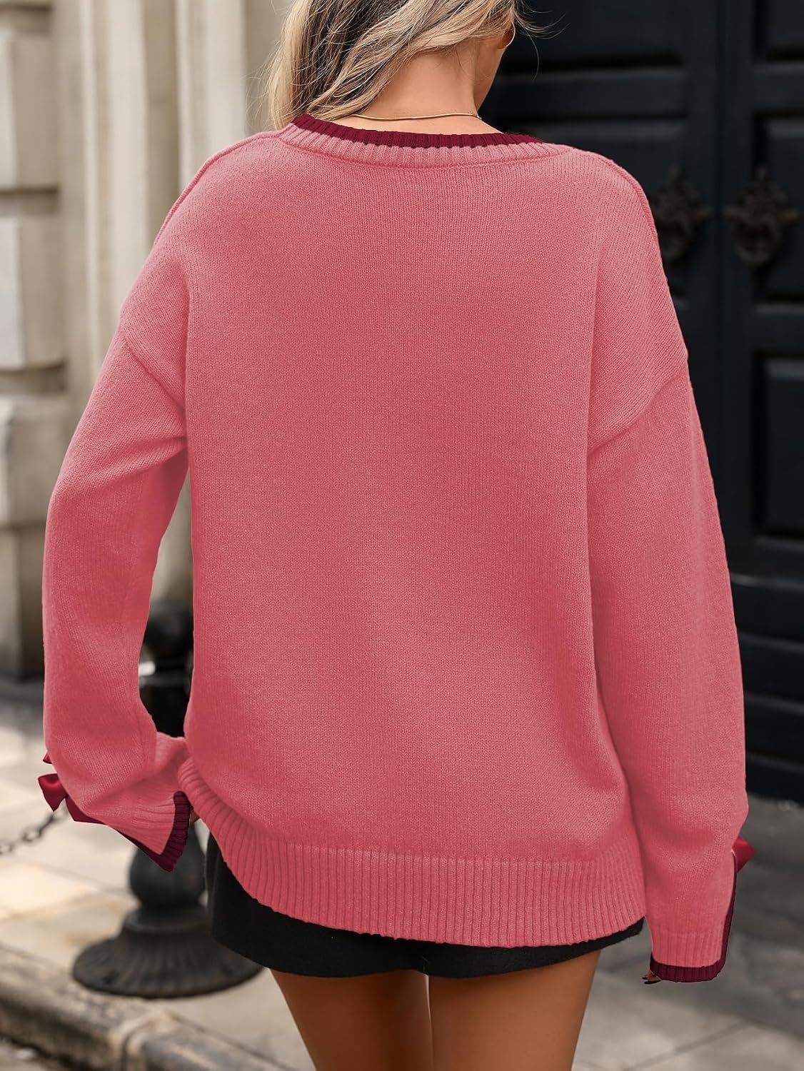image:imageZAFUL Womens Oversized Knit Sweater Contrast Trim Bow Slit Cuff Pullover9pink