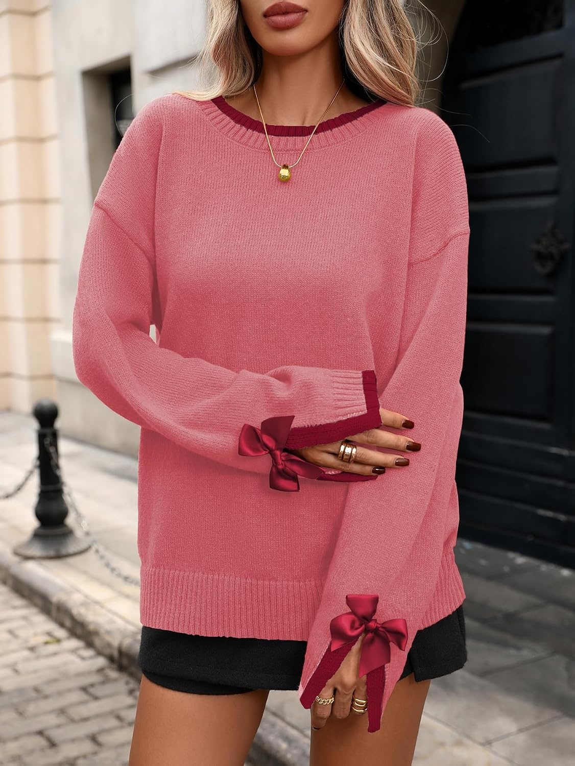 image:imageZAFUL Womens Oversized Knit Sweater Contrast Trim Bow Slit Cuff Pullover9pink