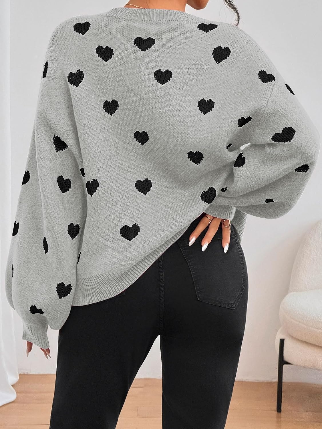image:imageZAFUL Womens Oversized Sweaters Cute Heart Print Lantern Sleeve Sweater1grey
