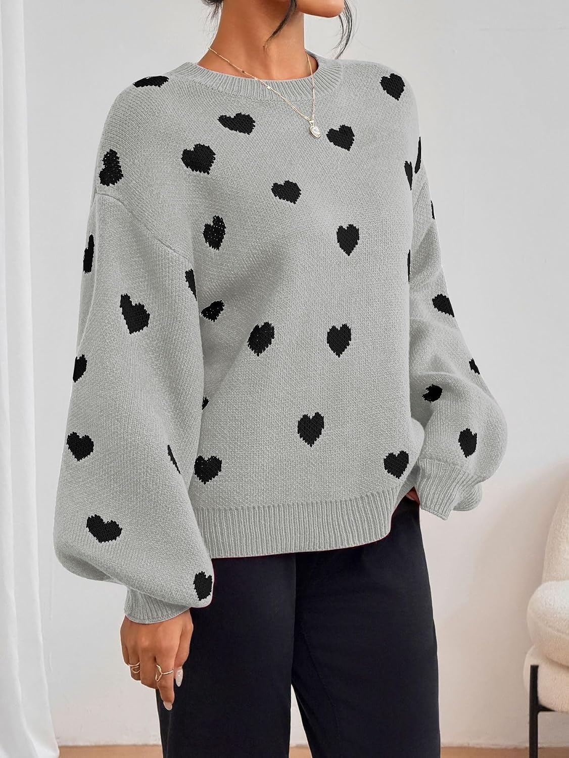 image:imageZAFUL Womens Oversized Sweaters Cute Heart Print Lantern Sleeve Sweater1grey