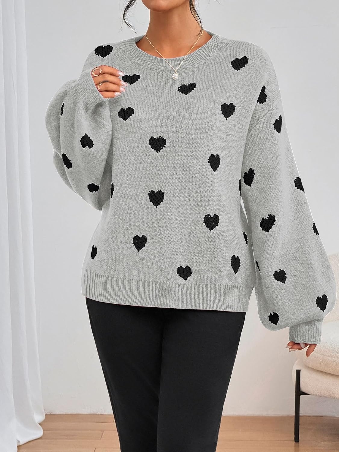 image:imageZAFUL Womens Oversized Sweaters Cute Heart Print Lantern Sleeve Sweater1grey