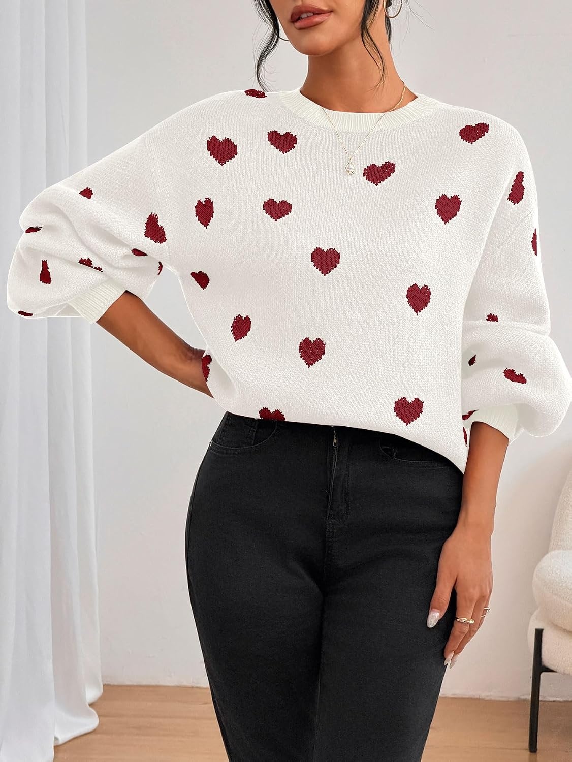image:imageZAFUL Womens Oversized Sweaters Cute Heart Print Lantern Sleeve Sweater2red White