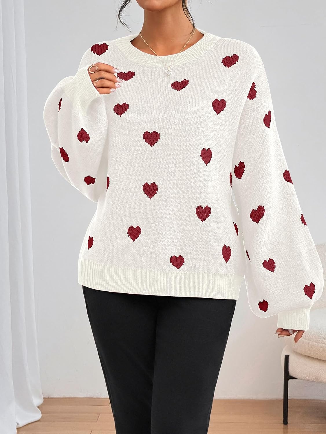 image:imageZAFUL Womens Oversized Sweaters Cute Heart Print Lantern Sleeve Sweater2red White