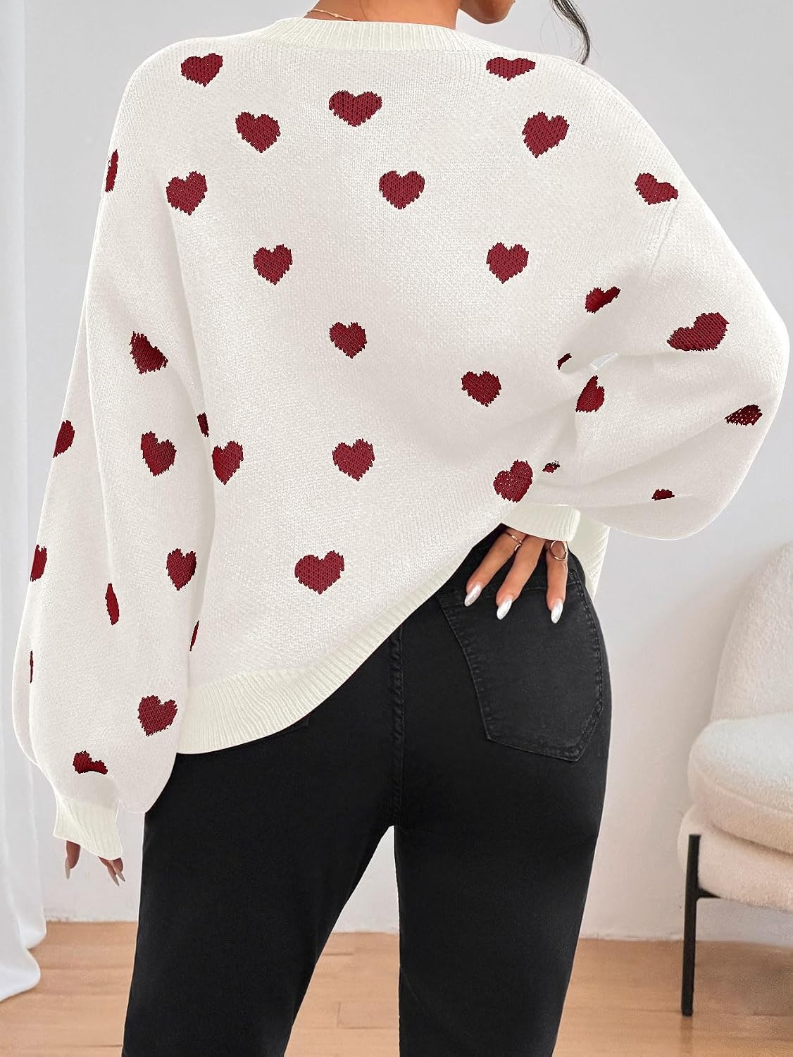 image:imageZAFUL Womens Oversized Sweaters Cute Heart Print Lantern Sleeve Sweater2red White