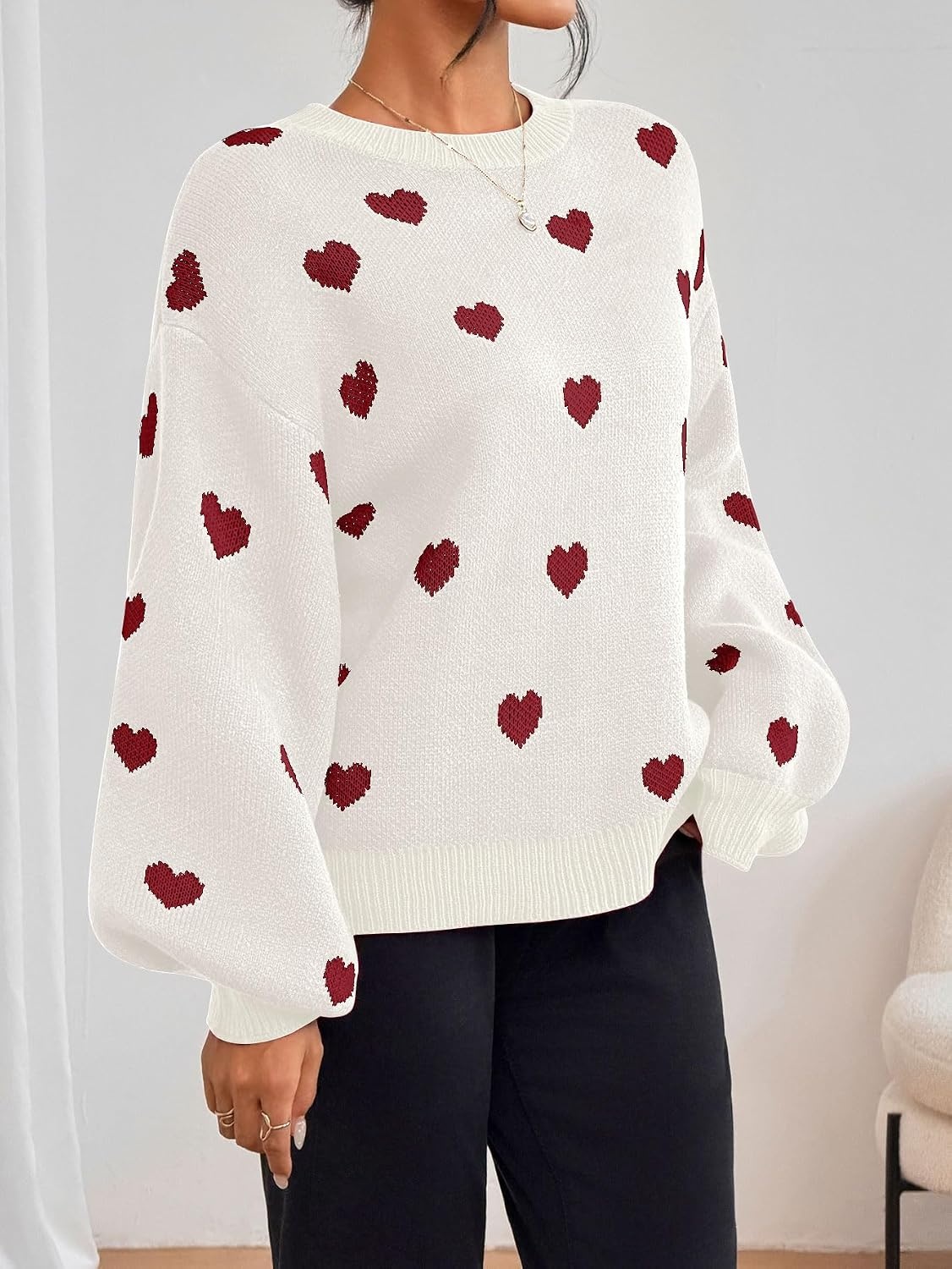 image:imageZAFUL Womens Oversized Sweaters Cute Heart Print Lantern Sleeve Sweater2red White