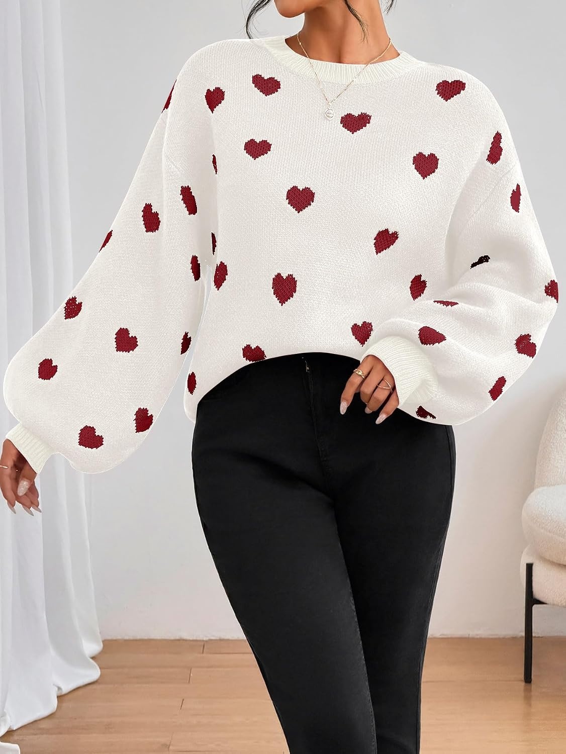 image:imageZAFUL Womens Oversized Sweaters Cute Heart Print Lantern Sleeve Sweater2red White