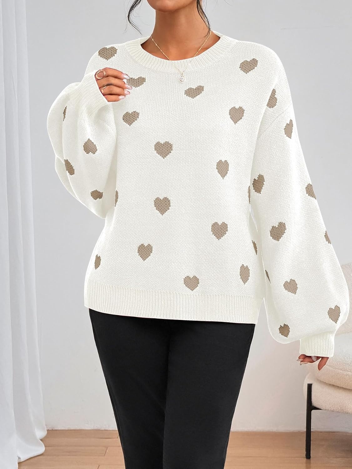 image:imageZAFUL Womens Oversized Sweaters Cute Heart Print Lantern Sleeve Sweater3white