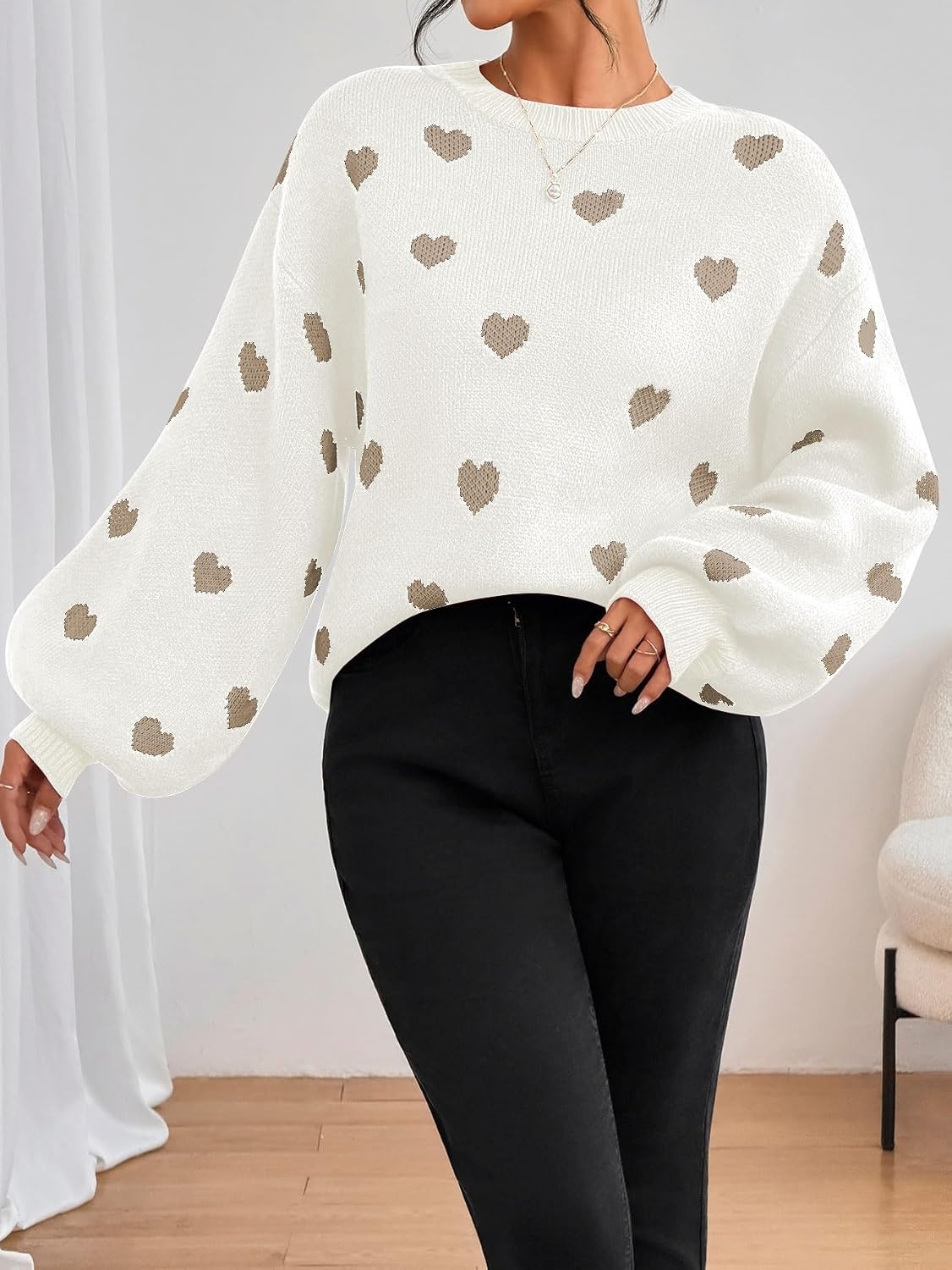 image:imageZAFUL Womens Oversized Sweaters Cute Heart Print Lantern Sleeve Sweater3white