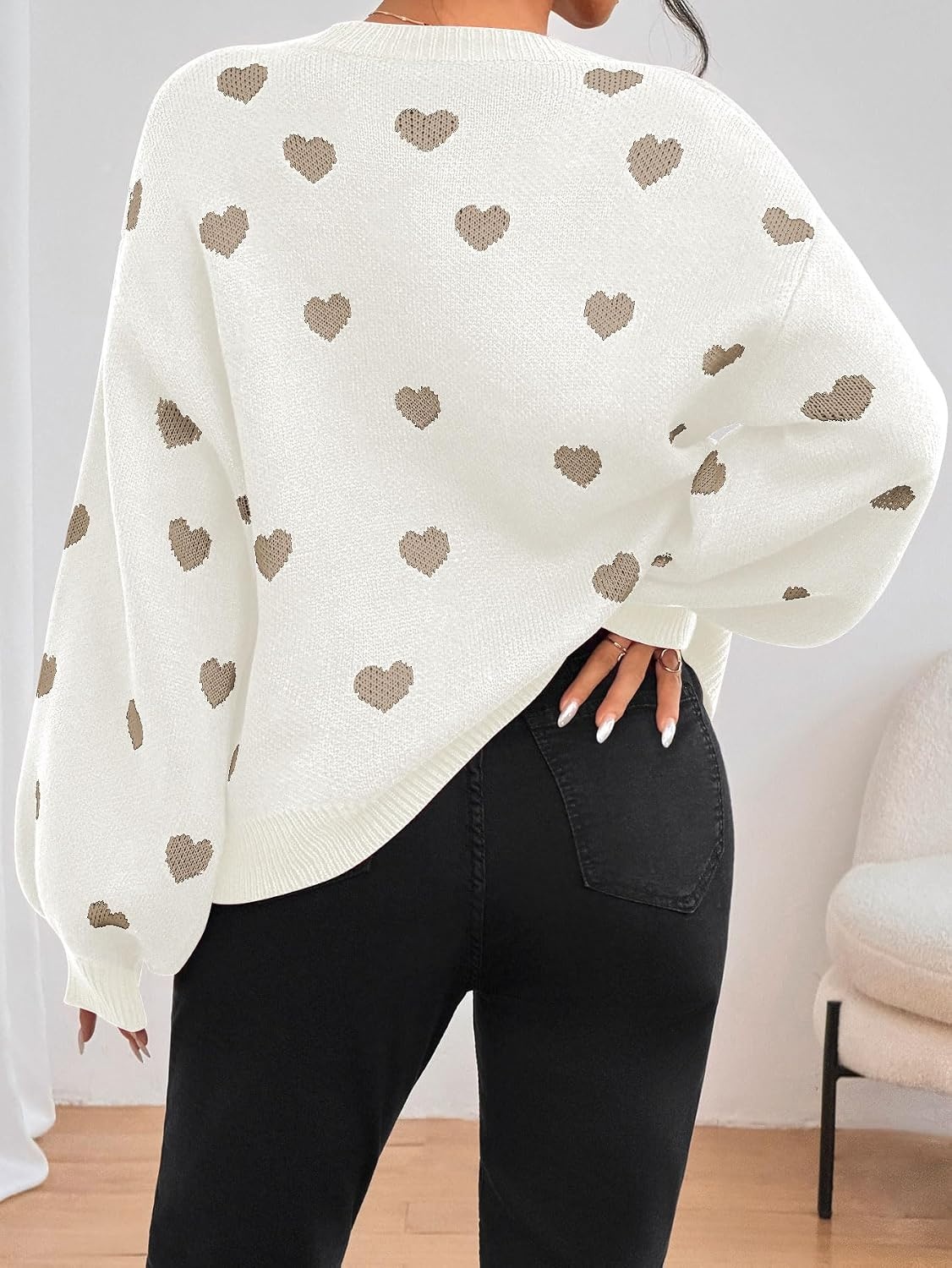 image:imageZAFUL Womens Oversized Sweaters Cute Heart Print Lantern Sleeve Sweater3white