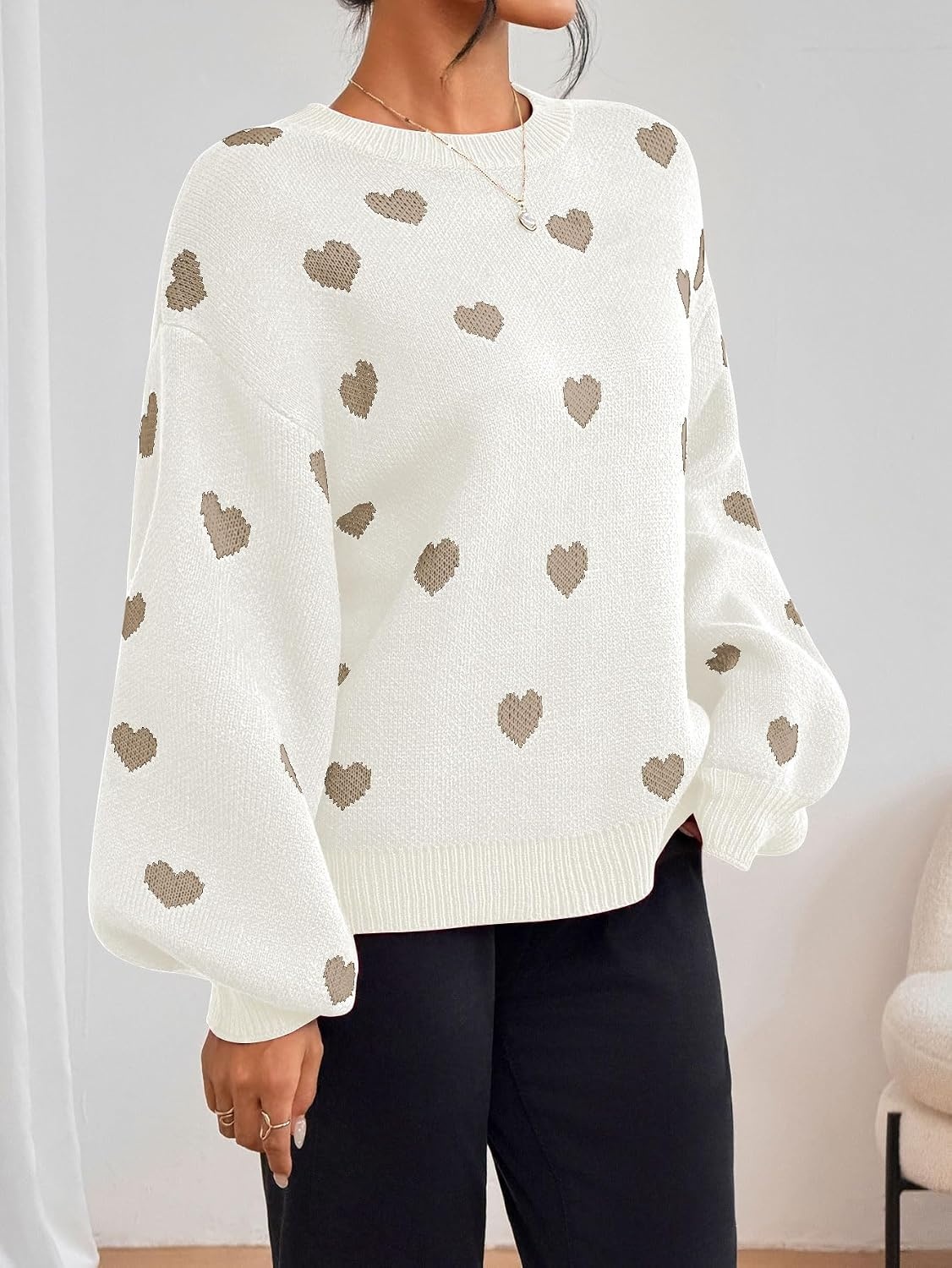 image:imageZAFUL Womens Oversized Sweaters Cute Heart Print Lantern Sleeve Sweater3white