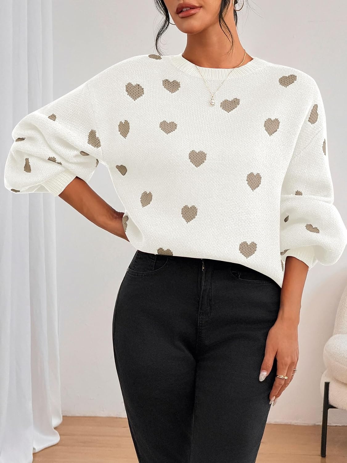 image:imageZAFUL Womens Oversized Sweaters Cute Heart Print Lantern Sleeve Sweater3white