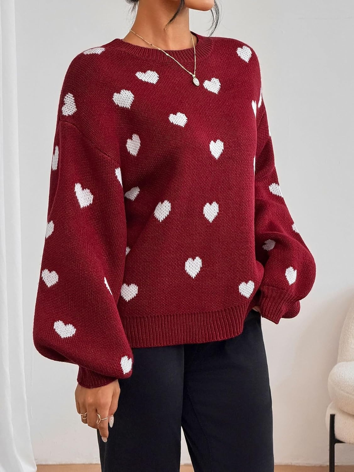 image:imageZAFUL Womens Oversized Sweaters Cute Heart Print Lantern Sleeve Sweater4red
