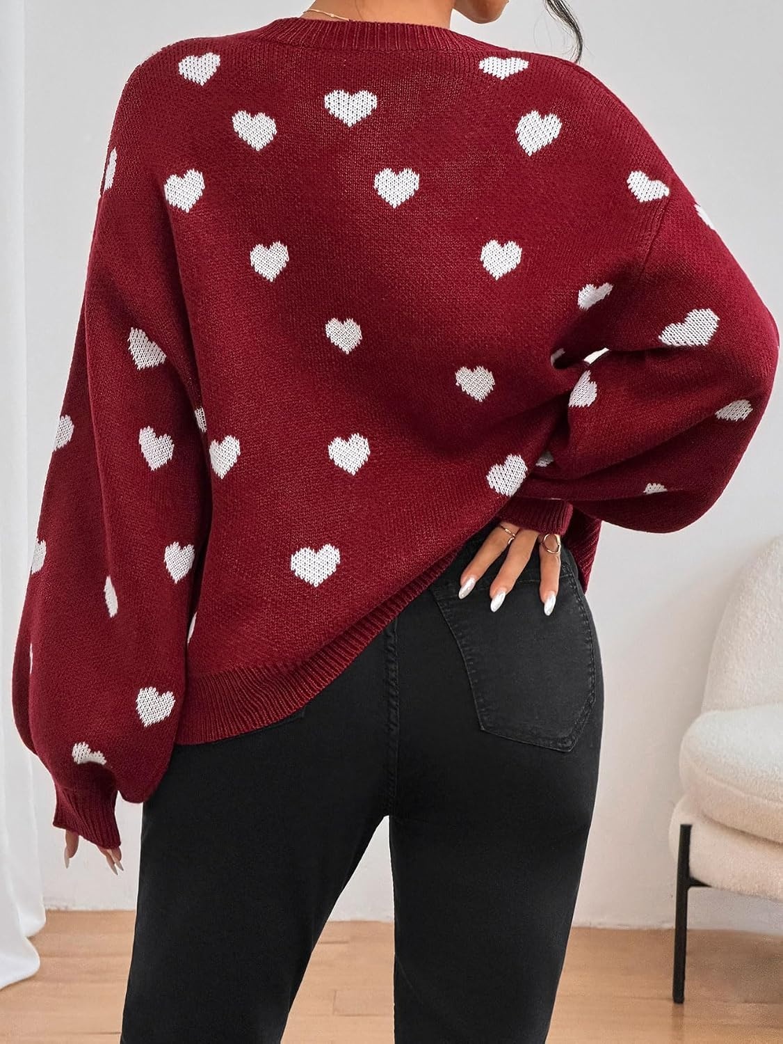 image:imageZAFUL Womens Oversized Sweaters Cute Heart Print Lantern Sleeve Sweater4red