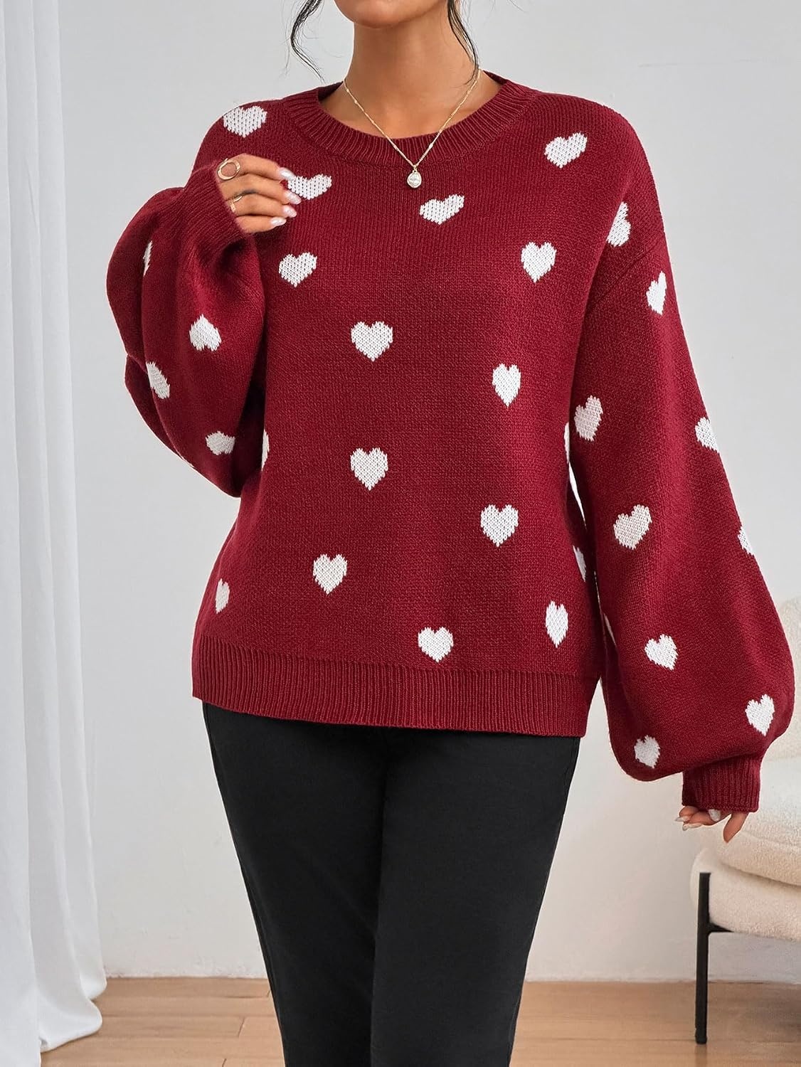 image:imageZAFUL Womens Oversized Sweaters Cute Heart Print Lantern Sleeve Sweater4red