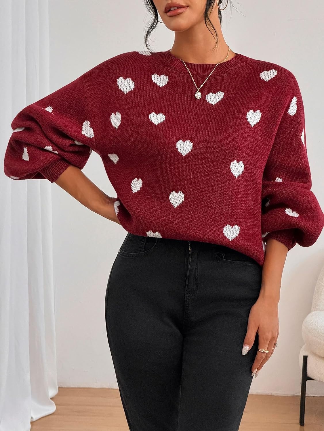 image:imageZAFUL Womens Oversized Sweaters Cute Heart Print Lantern Sleeve Sweater4red