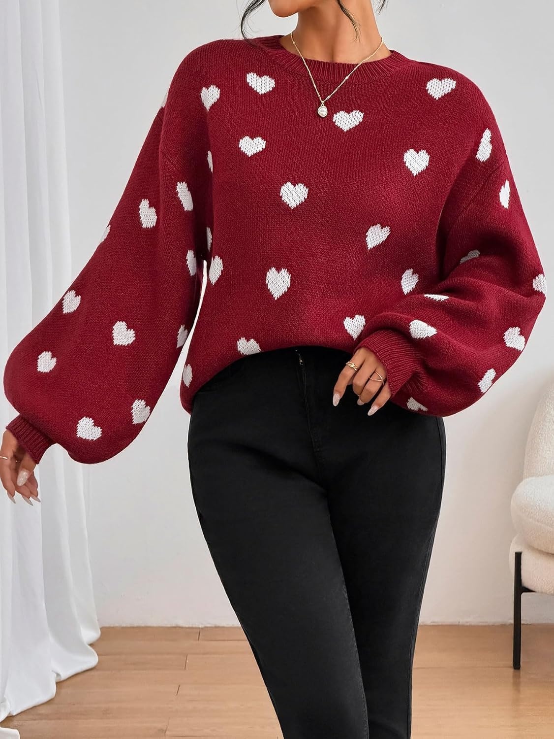 image:imageZAFUL Womens Oversized Sweaters Cute Heart Print Lantern Sleeve Sweater4red