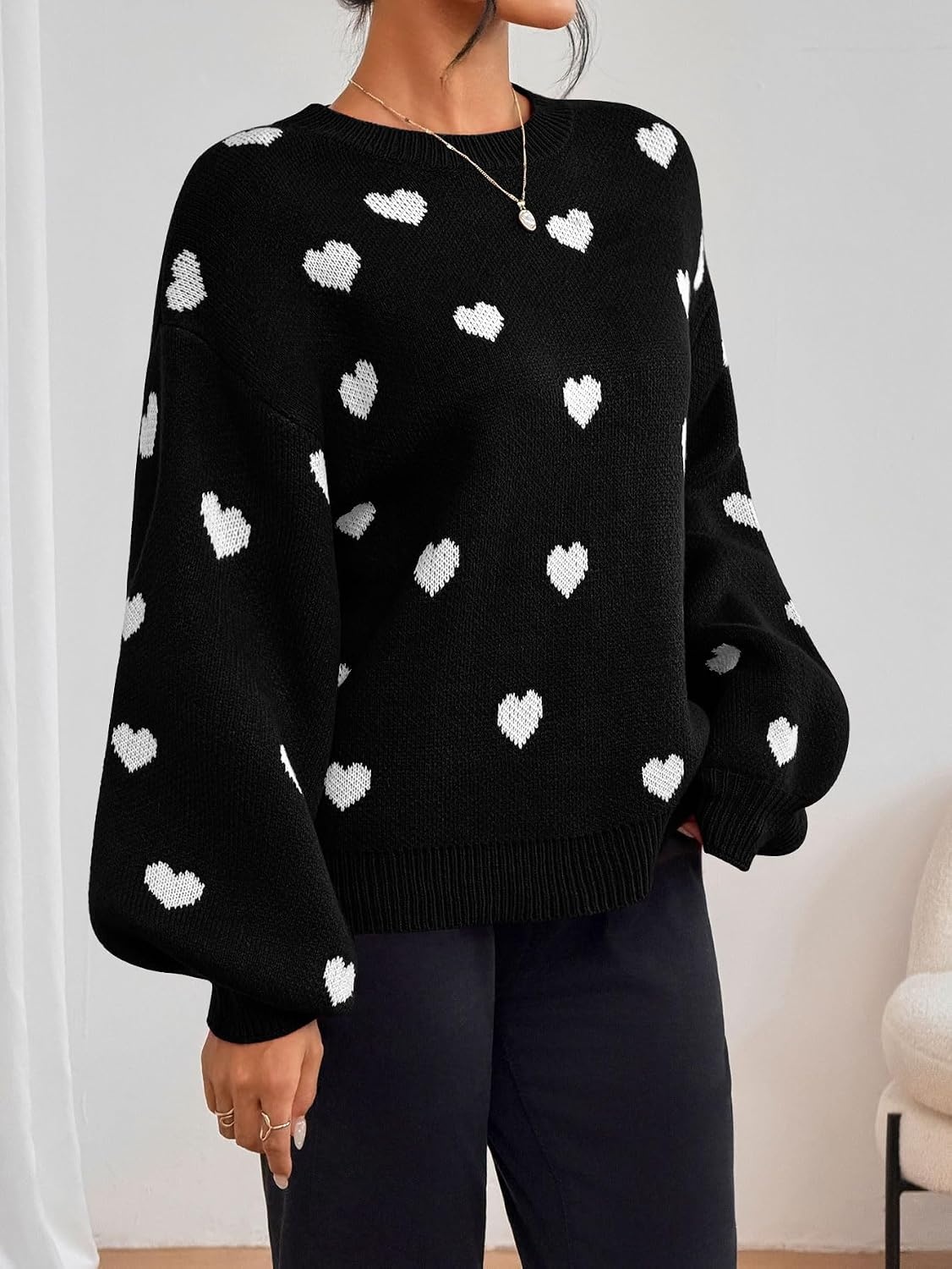image:imageZAFUL Womens Oversized Sweaters Cute Heart Print Lantern Sleeve Sweater5black