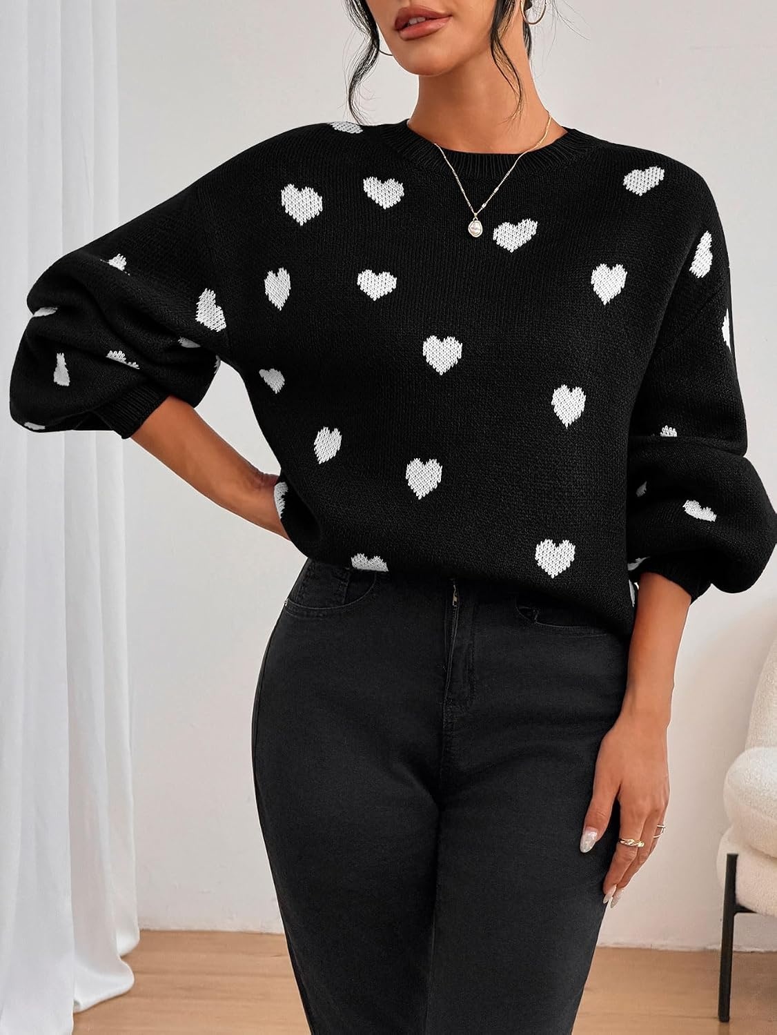 image:imageZAFUL Womens Oversized Sweaters Cute Heart Print Lantern Sleeve Sweater5black
