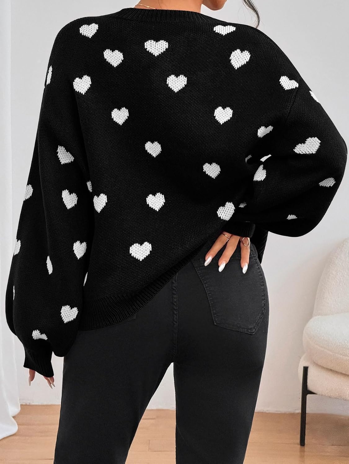 image:imageZAFUL Womens Oversized Sweaters Cute Heart Print Lantern Sleeve Sweater5black
