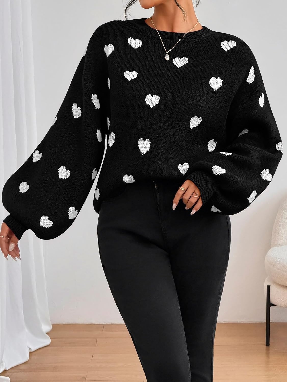 image:imageZAFUL Womens Oversized Sweaters Cute Heart Print Lantern Sleeve Sweater5black