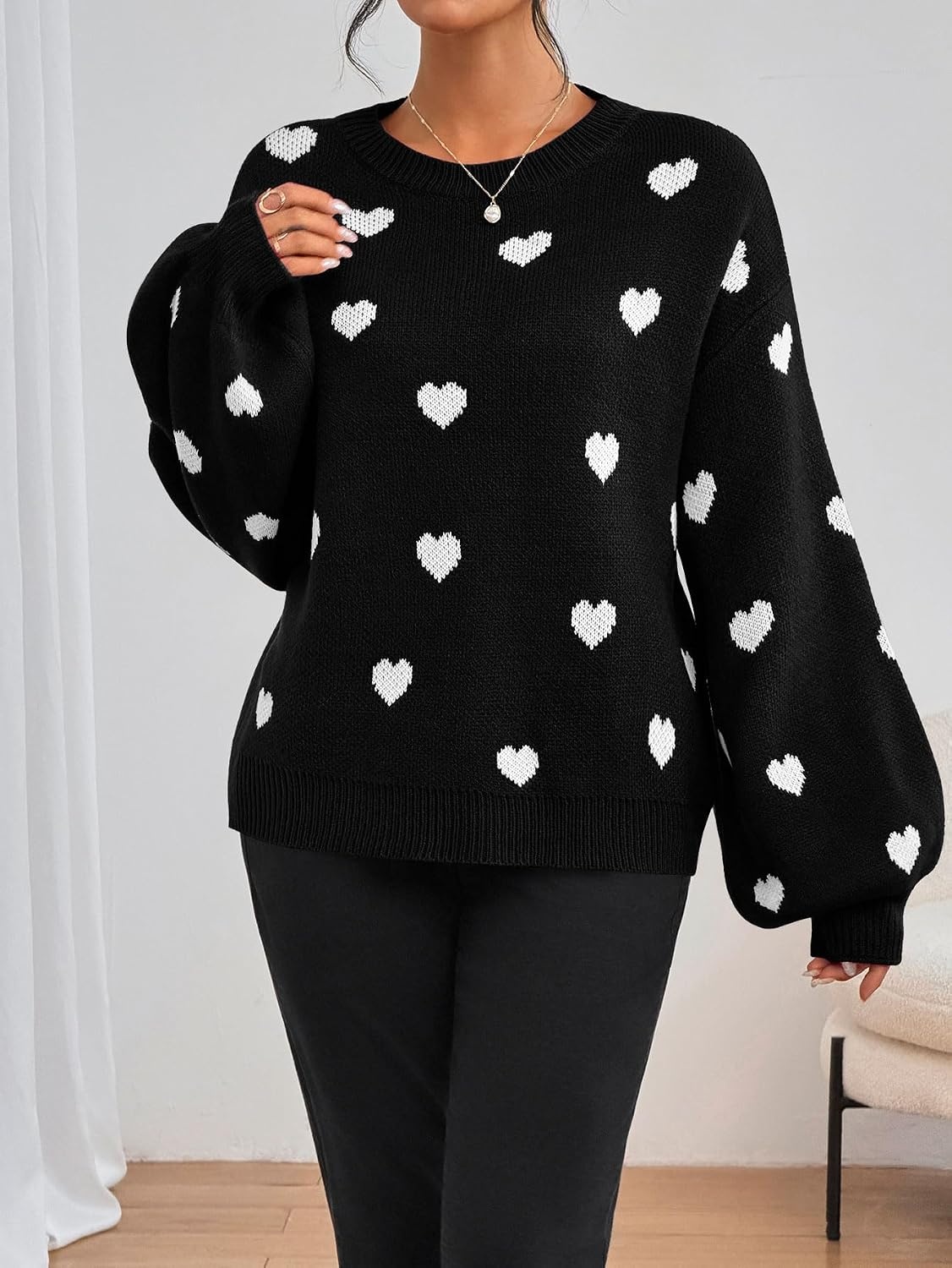 image:imageZAFUL Womens Oversized Sweaters Cute Heart Print Lantern Sleeve Sweater5black