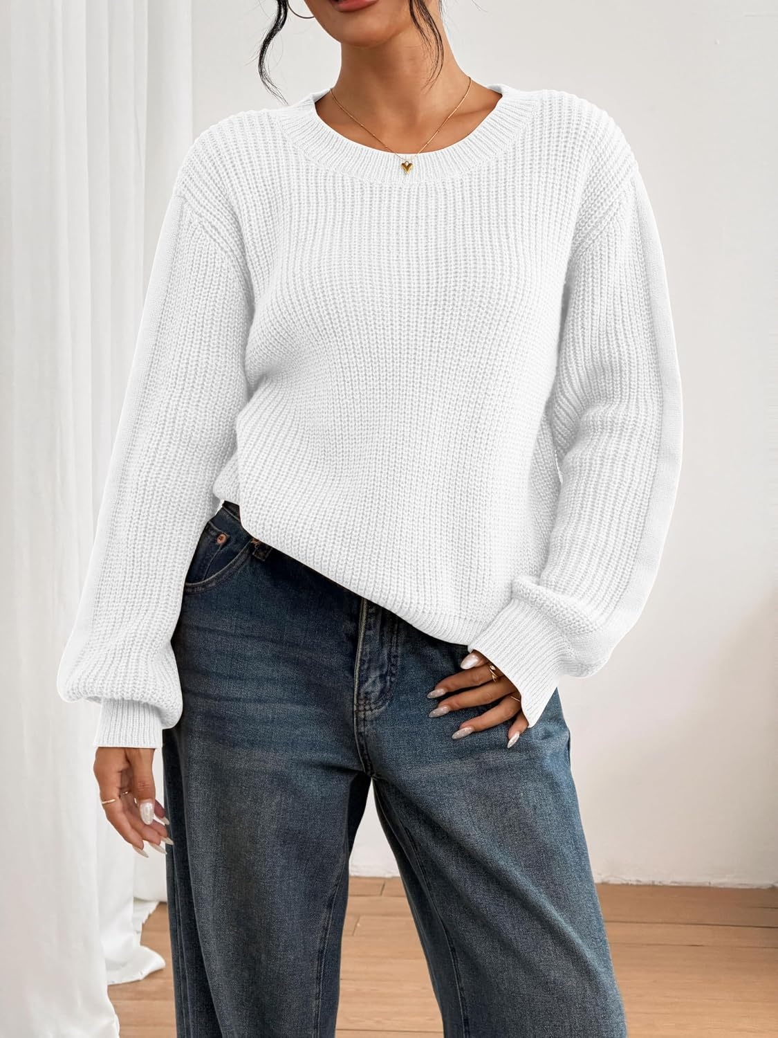 image:imageZAFUL Womens Oversized Sweaters Cute Heart Print Lantern Sleeve Sweater6white